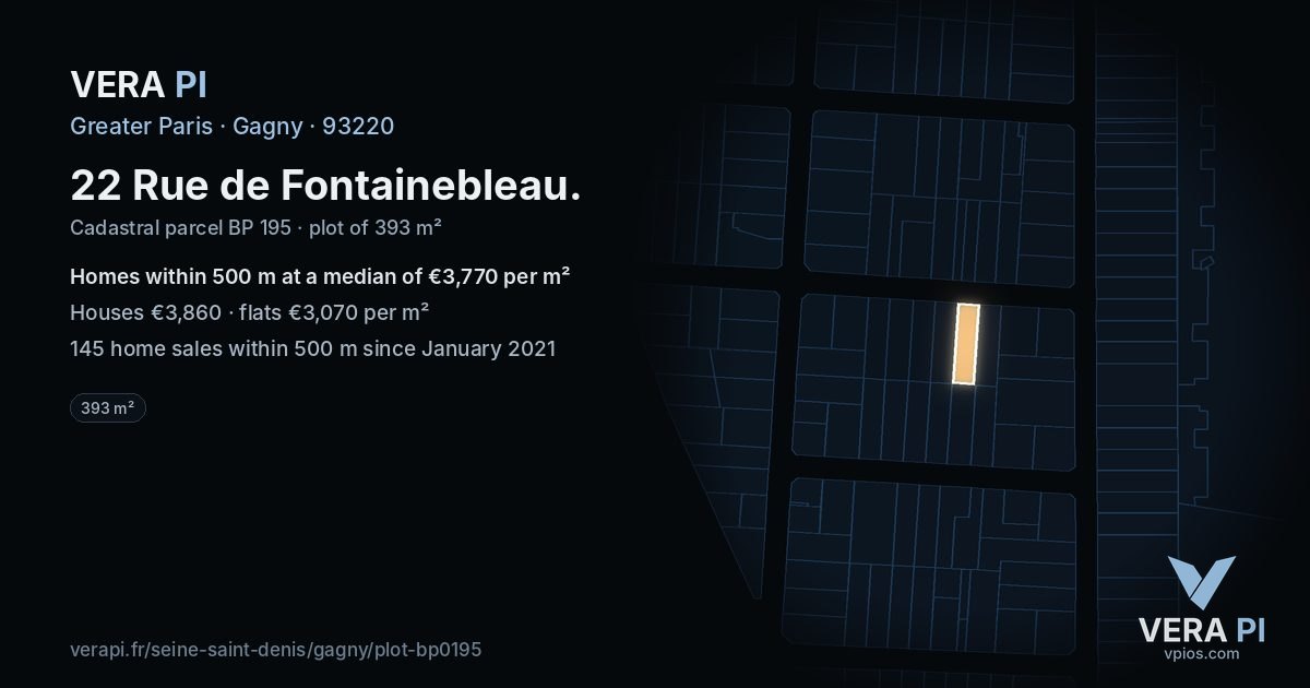 22 Rue de Fontainebleau, Gagny at night – the plot lit, the parcels around coloured by the prices near them