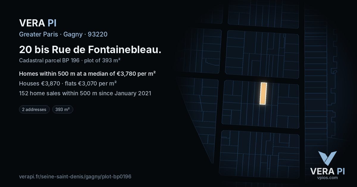 20 bis Rue de Fontainebleau, Gagny at night – the plot lit, the parcels around coloured by the prices near them