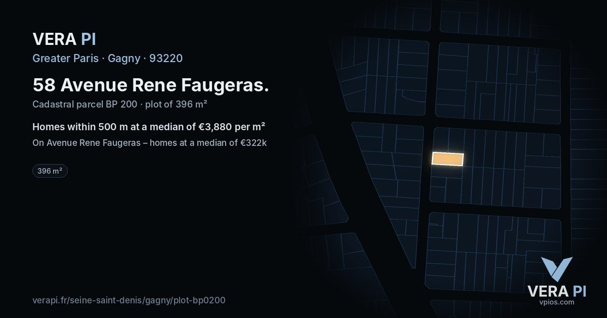 58 Avenue Rene Faugeras, Gagny at night – the plot lit, the parcels around coloured by the prices near them
