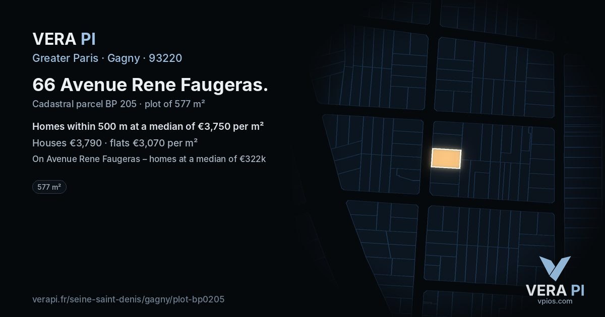 66 Avenue Rene Faugeras, Gagny at night – the plot lit, the parcels around coloured by the prices near them