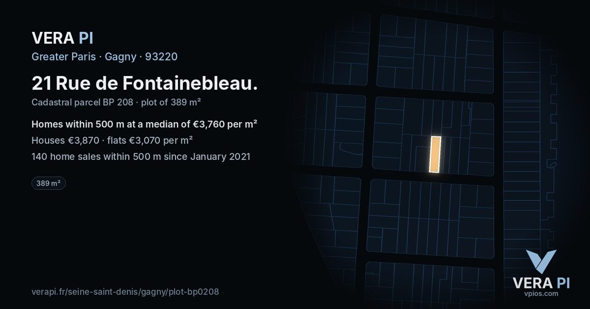 21 Rue de Fontainebleau, Gagny at night – the plot lit, the parcels around coloured by the prices near them