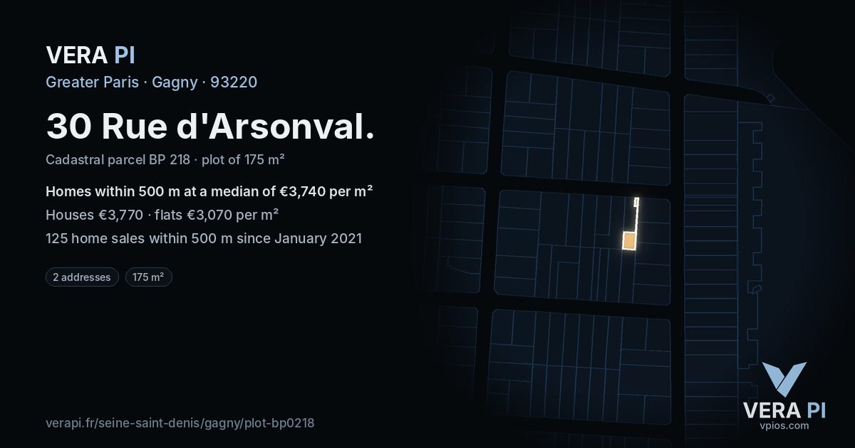 30 Rue d'Arsonval, Gagny at night – the plot lit, the parcels around coloured by the prices near them