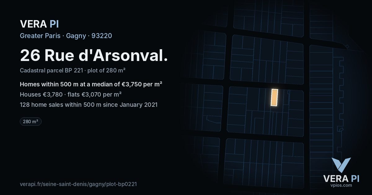 26 Rue d'Arsonval, Gagny at night – the plot lit, the parcels around coloured by the prices near them