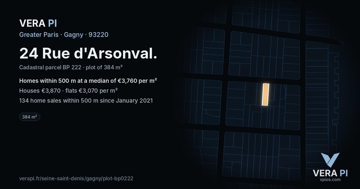 24 Rue d'Arsonval, Gagny at night – the plot lit, the parcels around coloured by the prices near them