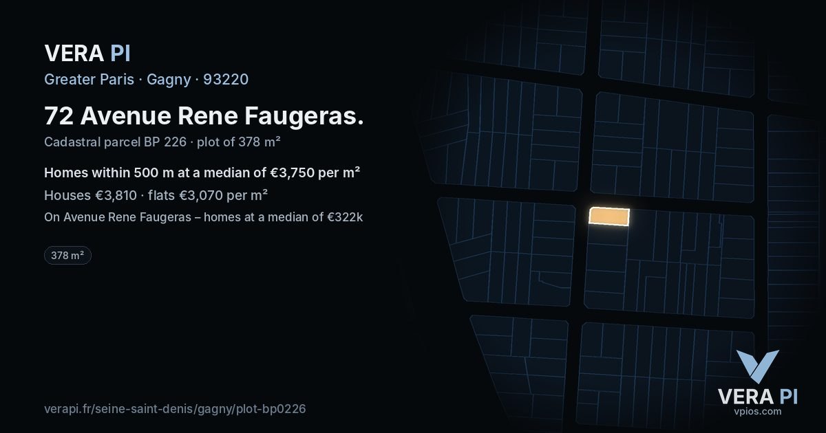 72 Avenue Rene Faugeras, Gagny at night – the plot lit, the parcels around coloured by the prices near them