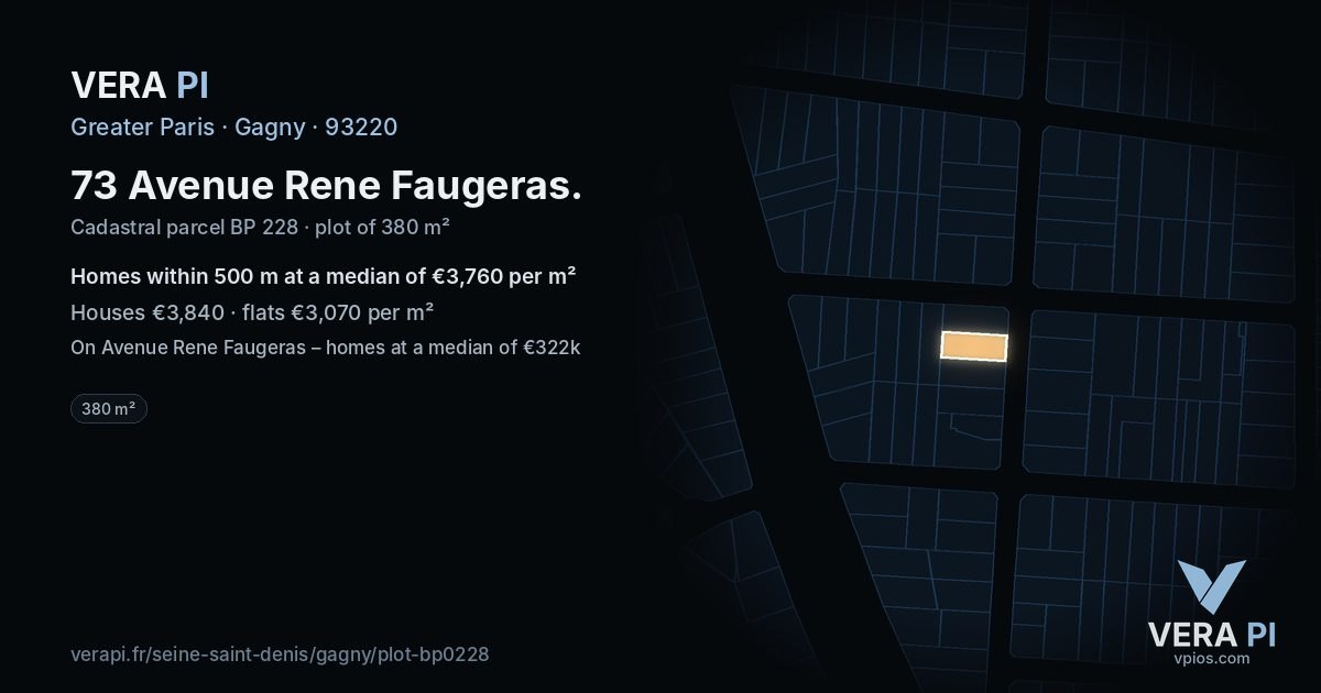 73 Avenue Rene Faugeras, Gagny at night – the plot lit, the parcels around coloured by the prices near them