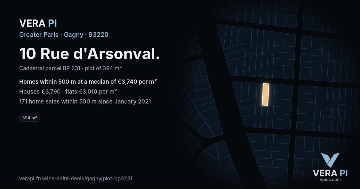 10 Rue d'Arsonval, Gagny at night – the plot lit, the parcels around coloured by the prices near them