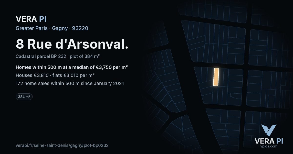 8 Rue d'Arsonval, Gagny at night – the plot lit, the parcels around coloured by the prices near them