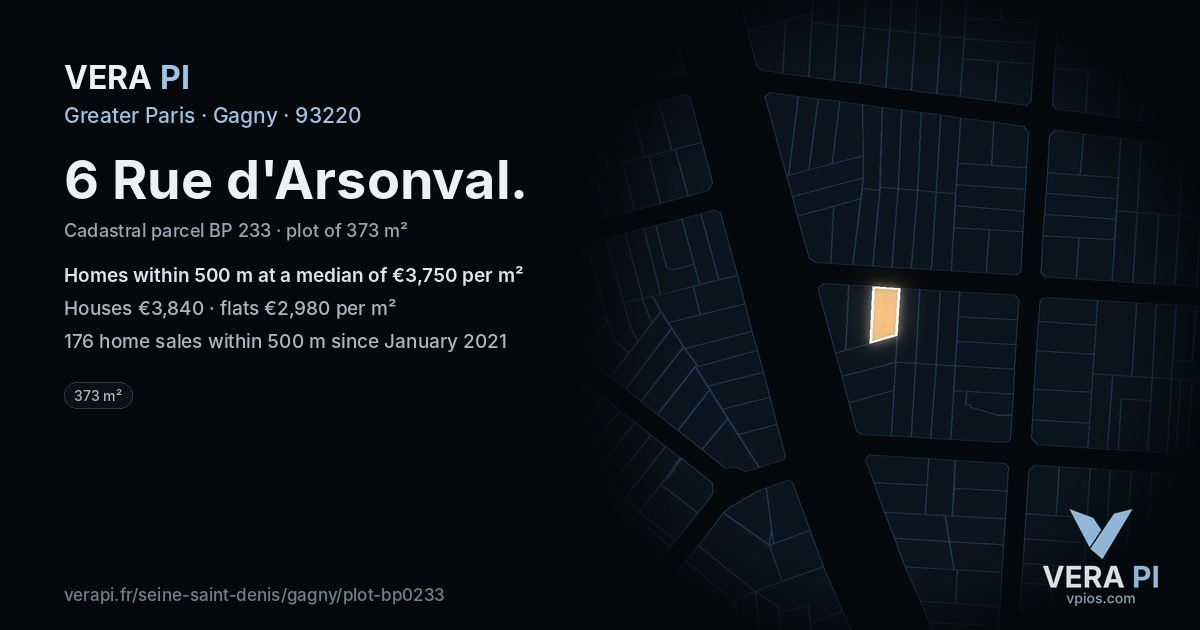 6 Rue d'Arsonval, Gagny at night – the plot lit, the parcels around coloured by the prices near them