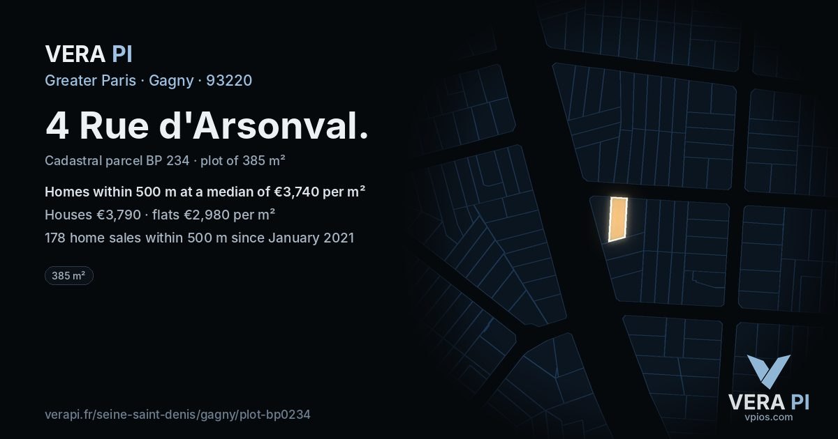 4 Rue d'Arsonval, Gagny at night – the plot lit, the parcels around coloured by the prices near them