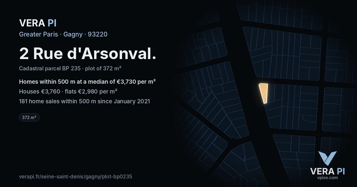 2 Rue d'Arsonval, Gagny at night – the plot lit, the parcels around coloured by the prices near them