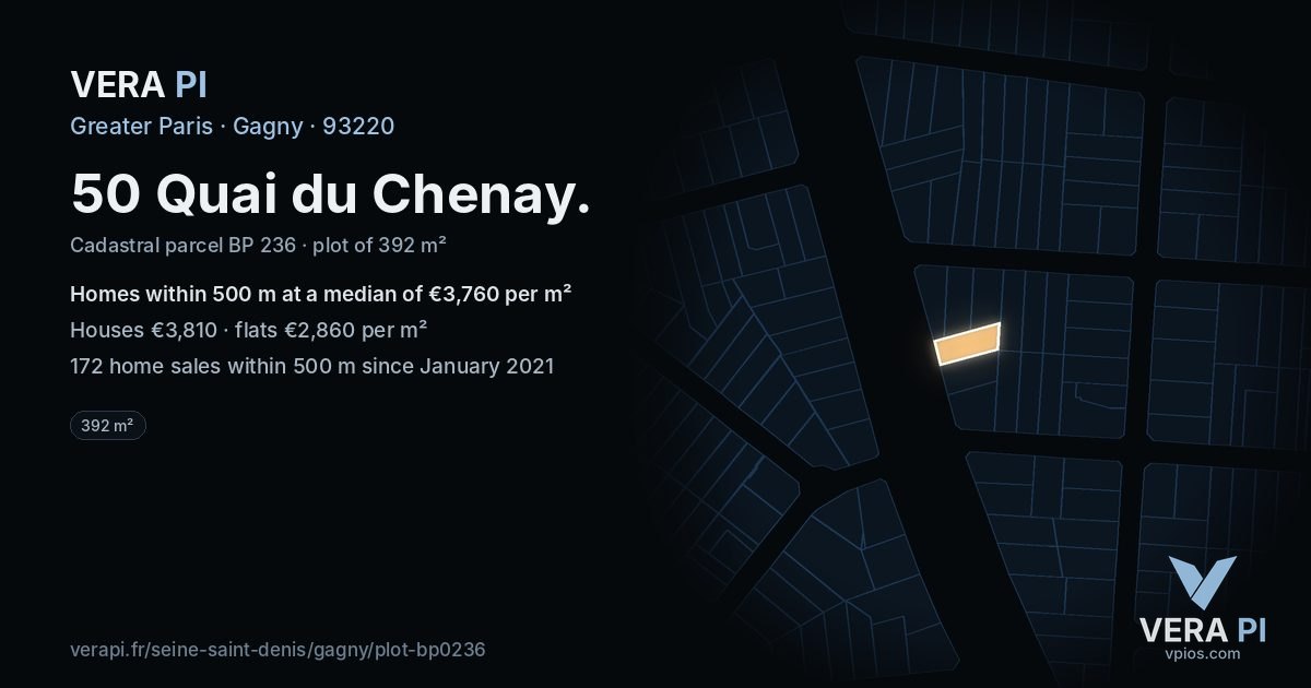 50 Quai du Chenay, Gagny at night – the plot lit, the parcels around coloured by the prices near them