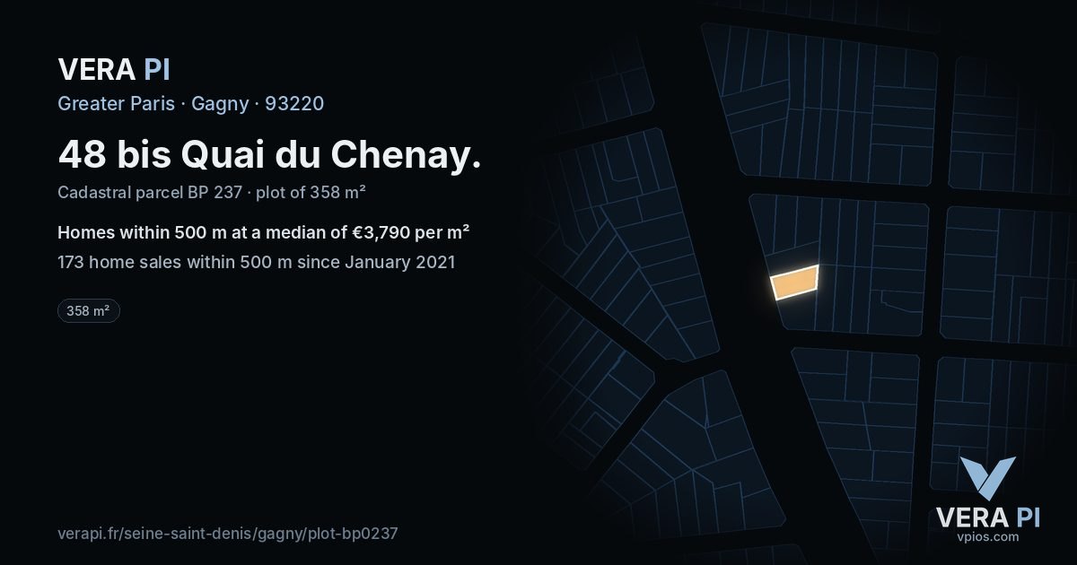 48 bis Quai du Chenay, Gagny at night – the plot lit, the parcels around coloured by the prices near them