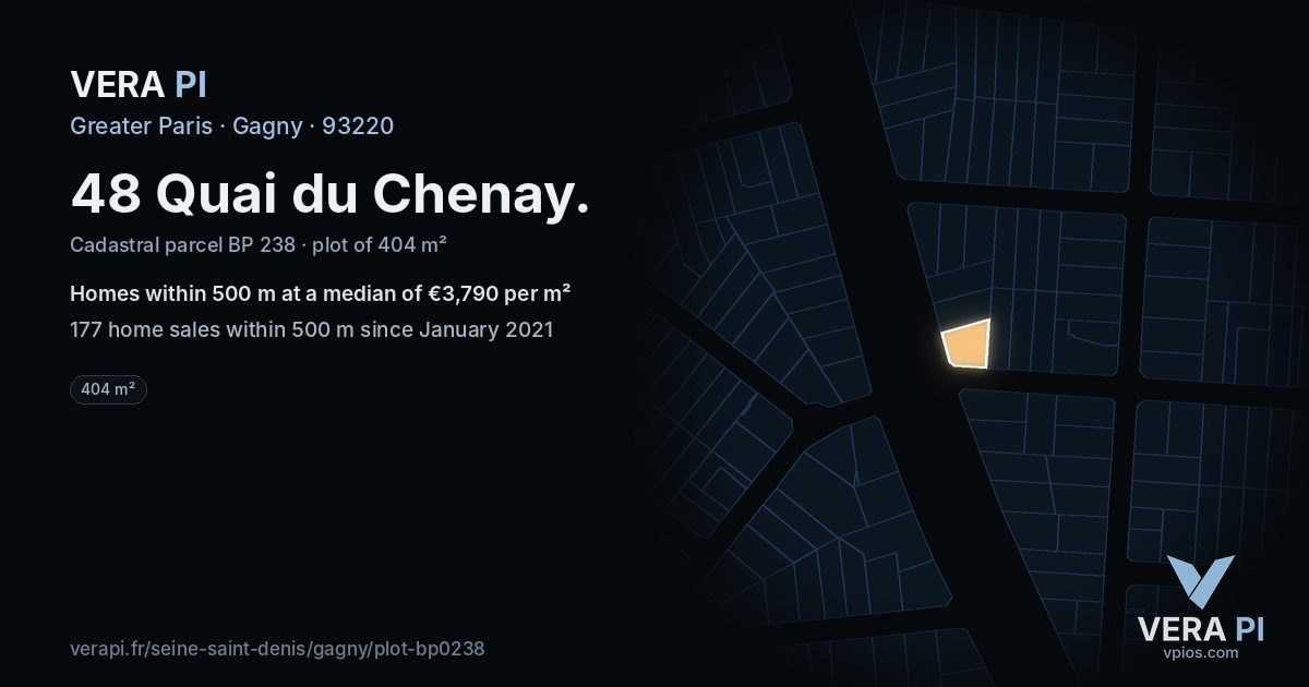 48 Quai du Chenay, Gagny at night – the plot lit, the parcels around coloured by the prices near them