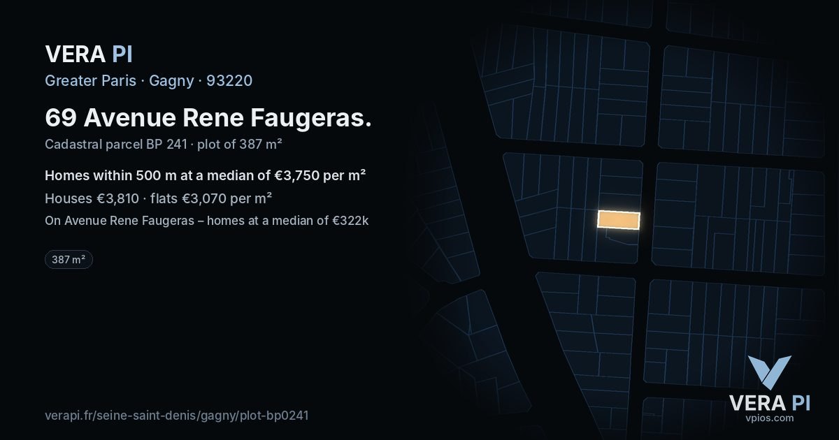 69 Avenue Rene Faugeras, Gagny at night – the plot lit, the parcels around coloured by the prices near them
