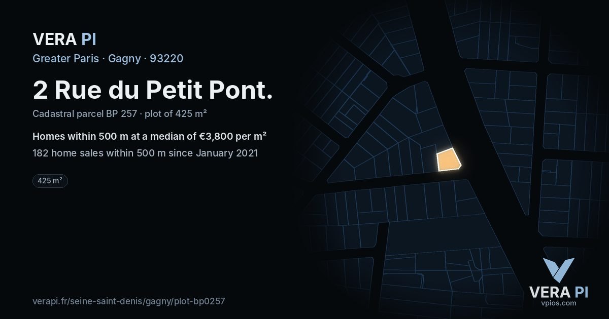 2 Rue du Petit Pont, Gagny at night – the plot lit, the parcels around coloured by the prices near them