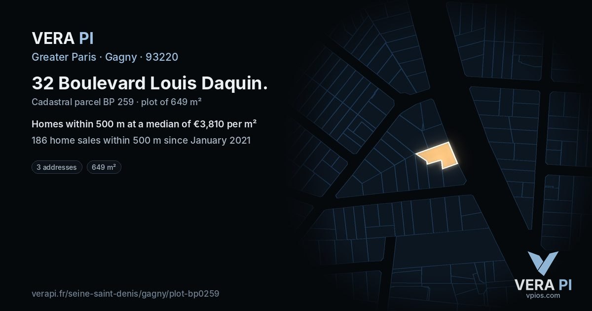 32 Boulevard Louis Daquin, Gagny at night – the plot lit, the parcels around coloured by the prices near them