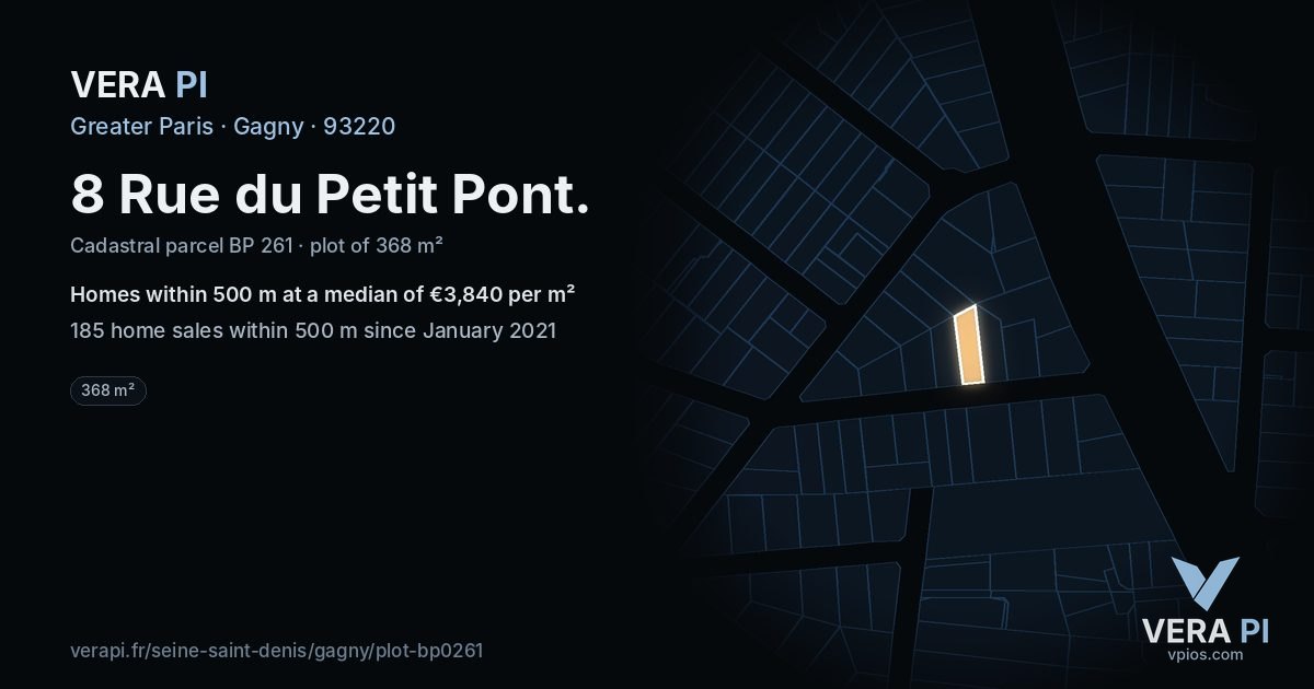 8 Rue du Petit Pont, Gagny at night – the plot lit, the parcels around coloured by the prices near them