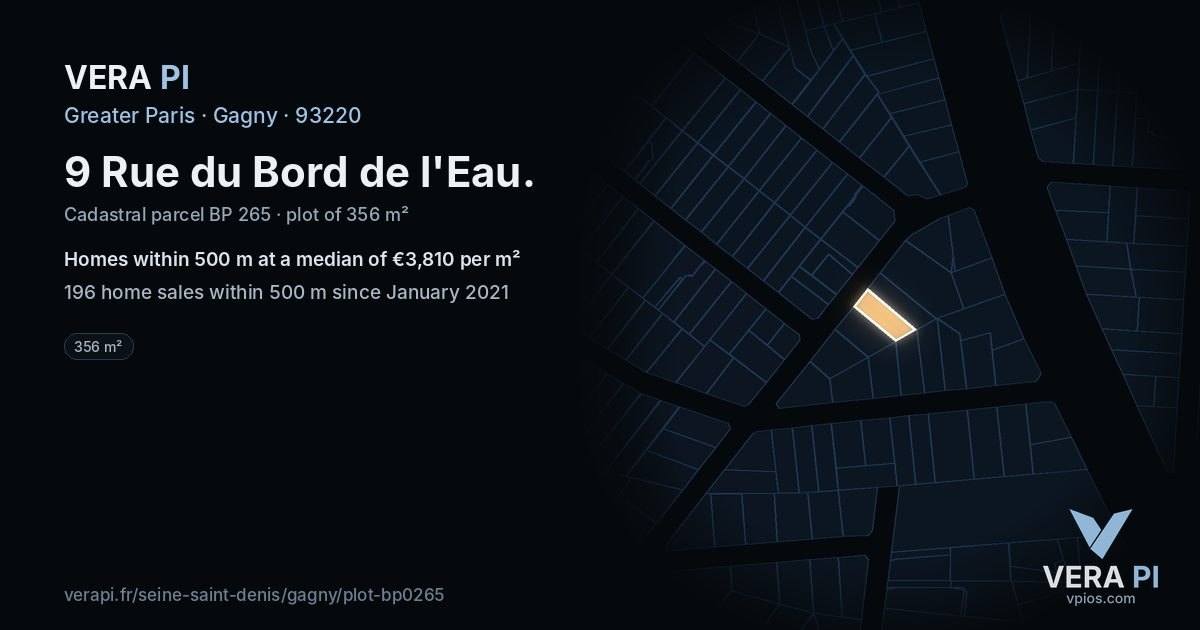 9 Rue du Bord de l'Eau, Gagny at night – the plot lit, the parcels around coloured by the prices near them