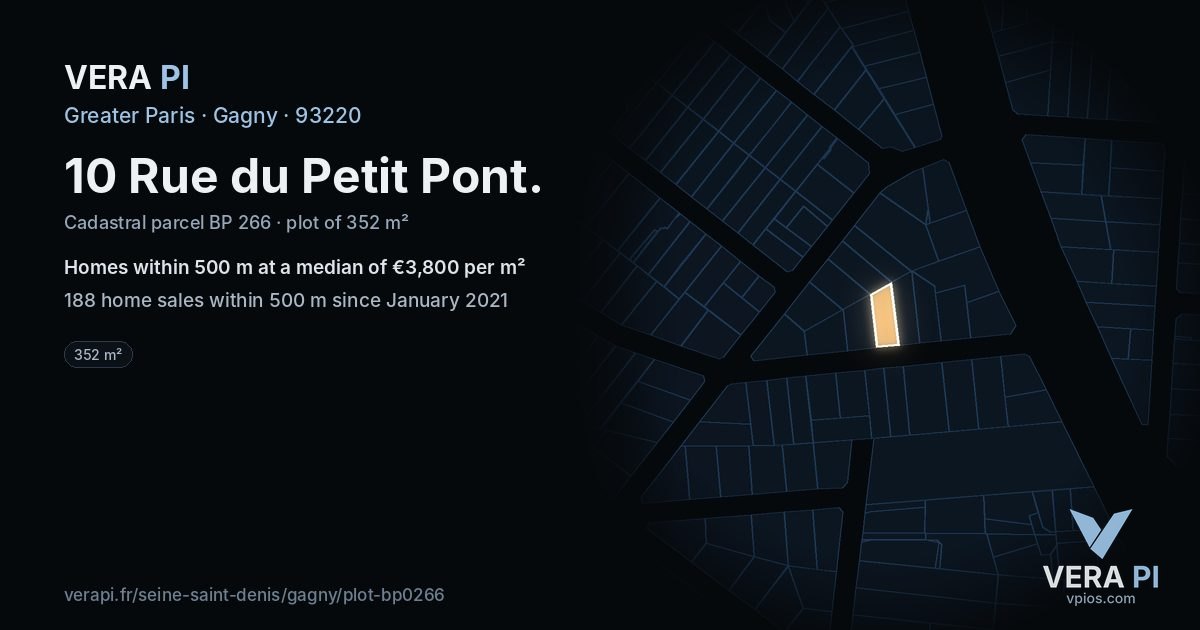 10 Rue du Petit Pont, Gagny at night – the plot lit, the parcels around coloured by the prices near them