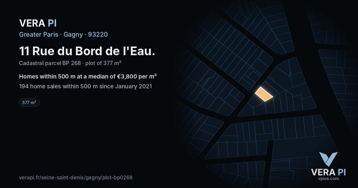 11 Rue du Bord de l'Eau, Gagny at night – the plot lit, the parcels around coloured by the prices near them