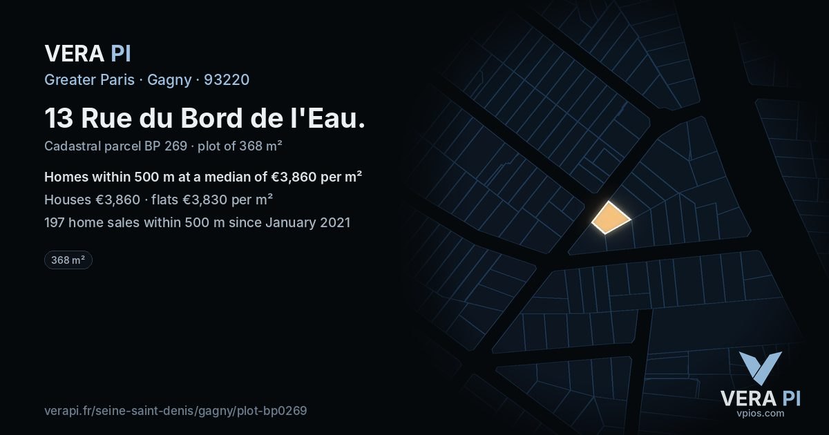 13 Rue du Bord de l'Eau, Gagny at night – the plot lit, the parcels around coloured by the prices near them