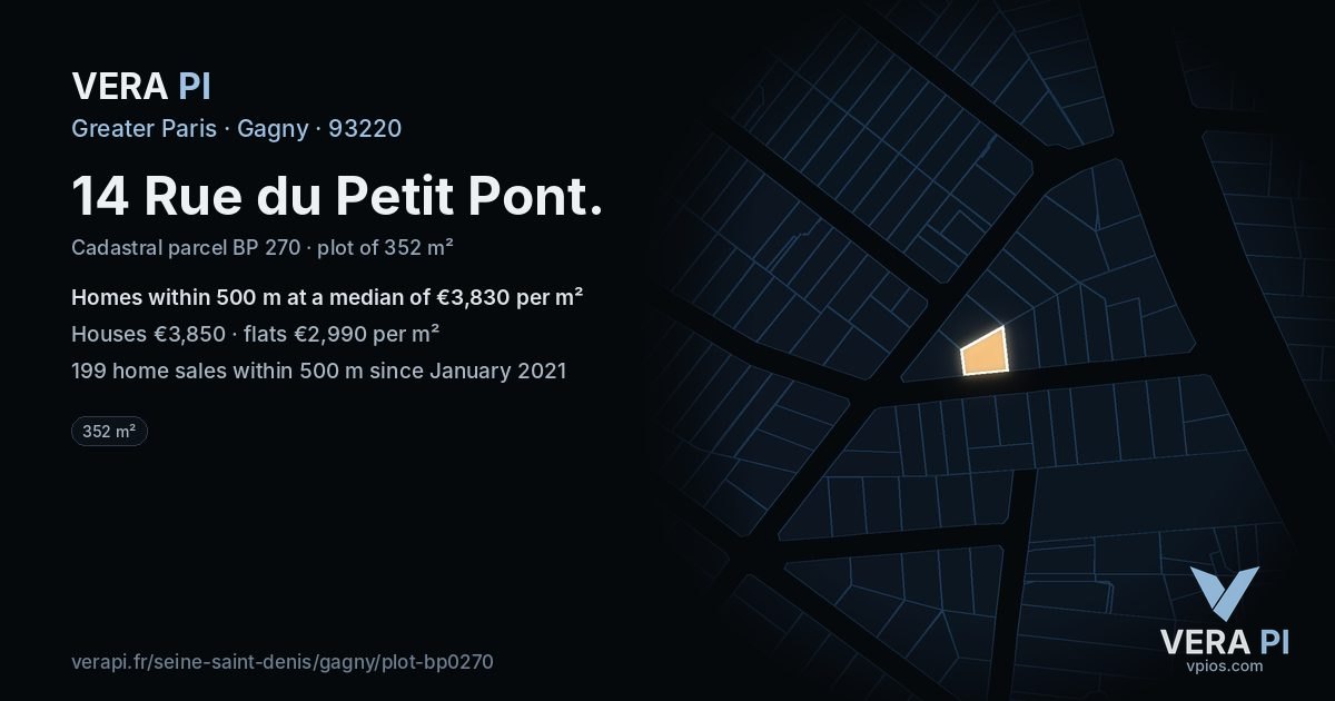 14 Rue du Petit Pont, Gagny at night – the plot lit, the parcels around coloured by the prices near them