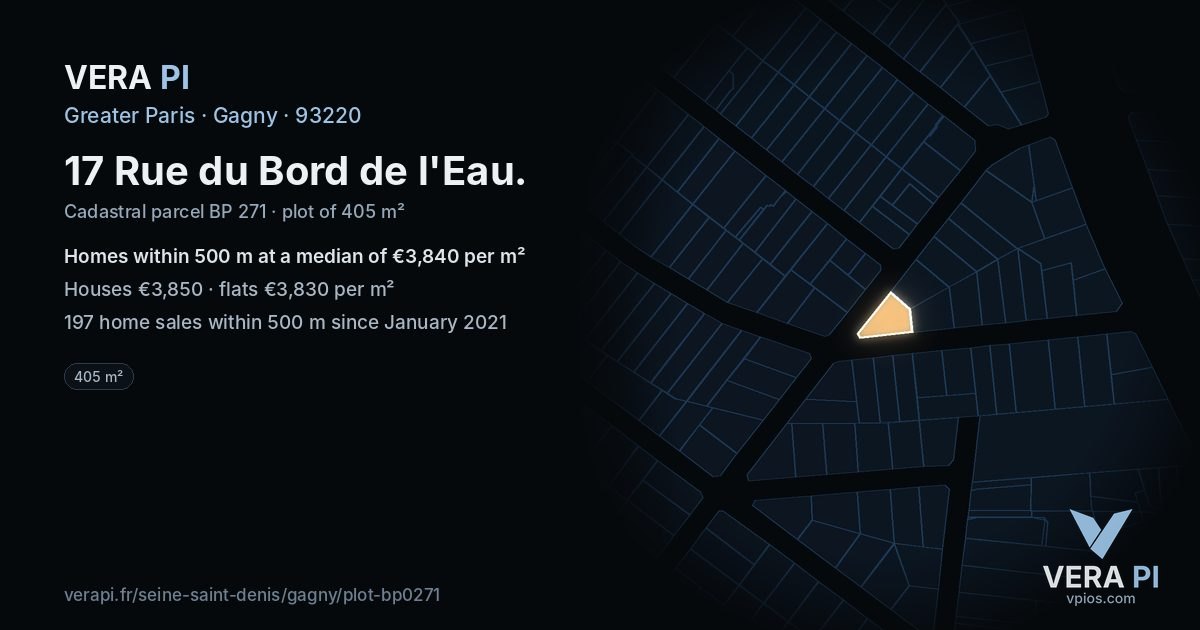 17 Rue du Bord de l'Eau, Gagny at night – the plot lit, the parcels around coloured by the prices near them
