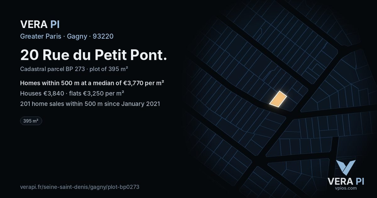 20 Rue du Petit Pont, Gagny at night – the plot lit, the parcels around coloured by the prices near them