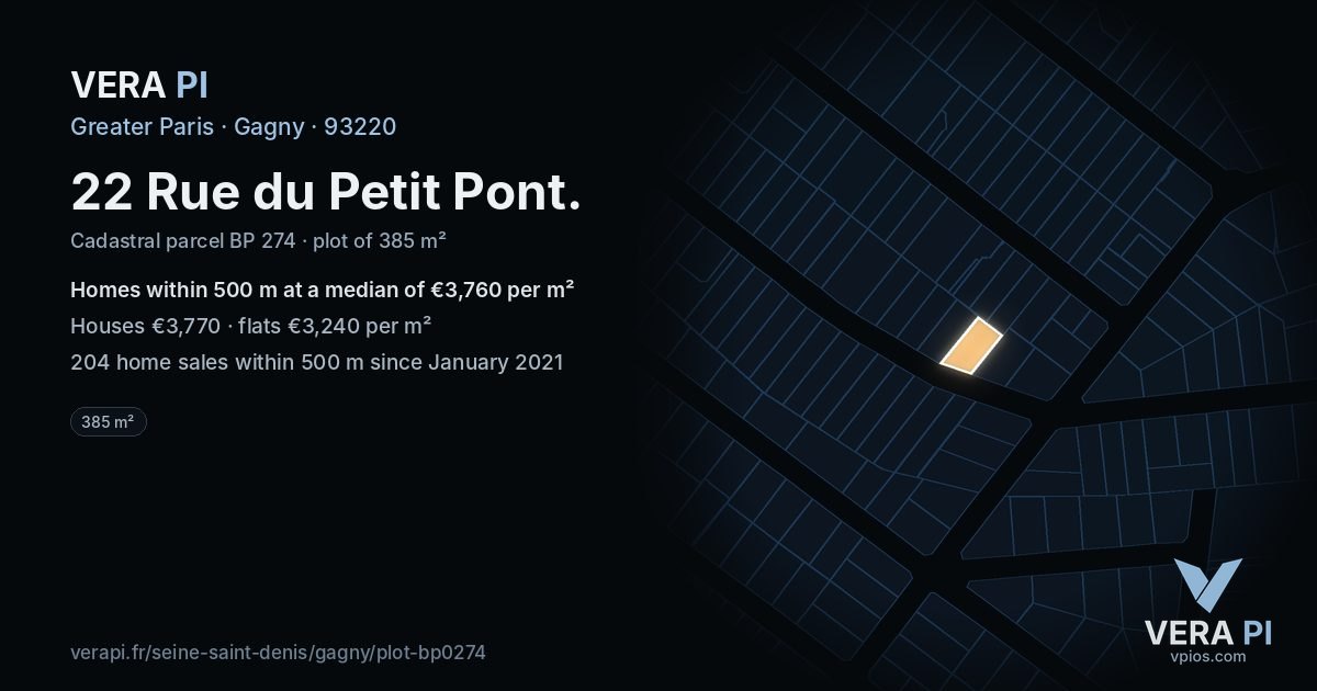22 Rue du Petit Pont, Gagny at night – the plot lit, the parcels around coloured by the prices near them