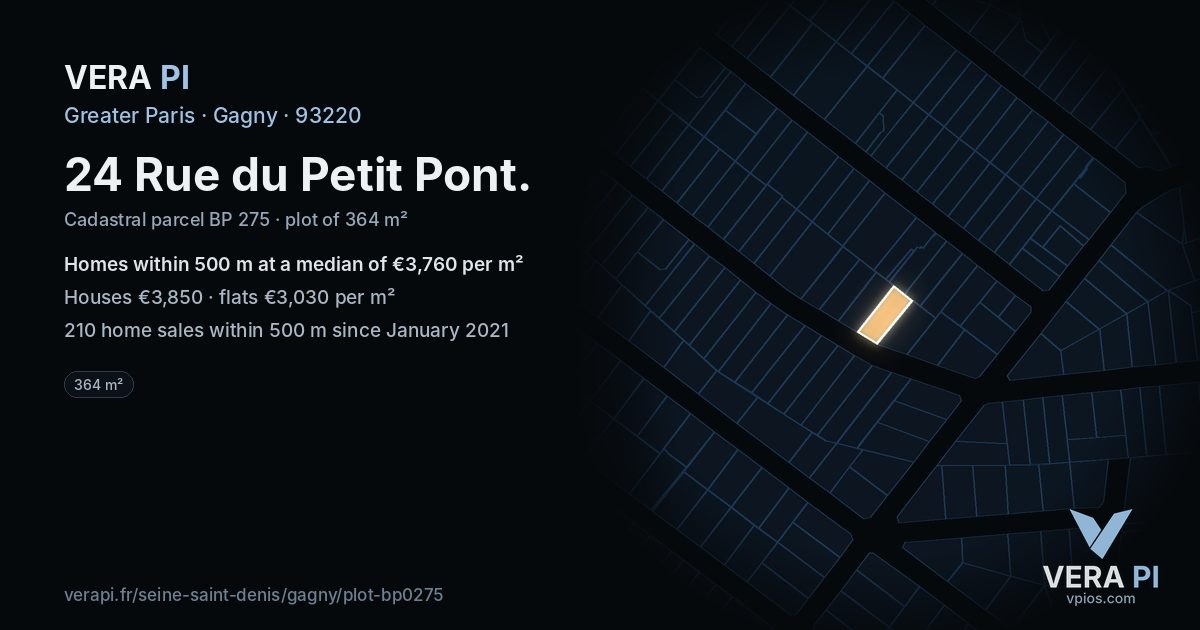 24 Rue du Petit Pont, Gagny at night – the plot lit, the parcels around coloured by the prices near them