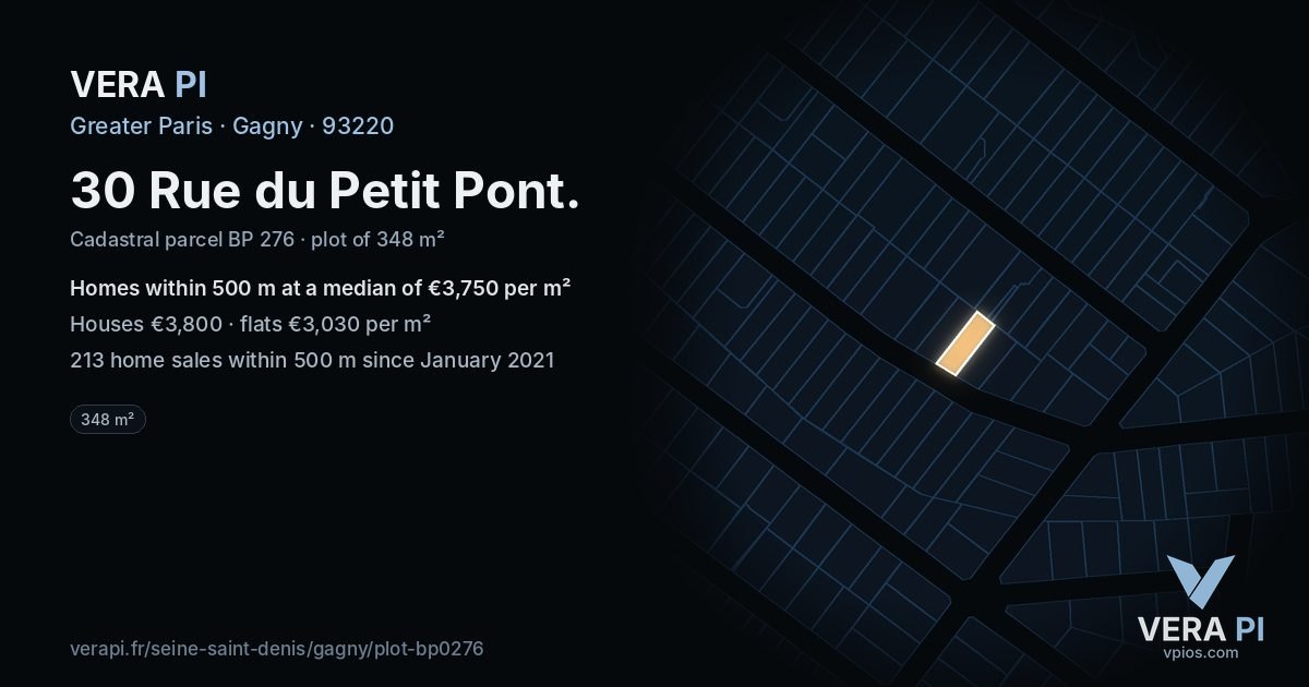 30 Rue du Petit Pont, Gagny at night – the plot lit, the parcels around coloured by the prices near them
