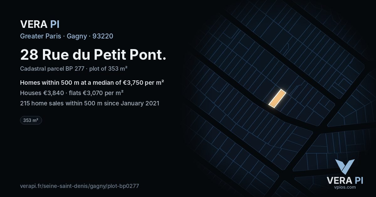 28 Rue du Petit Pont, Gagny at night – the plot lit, the parcels around coloured by the prices near them
