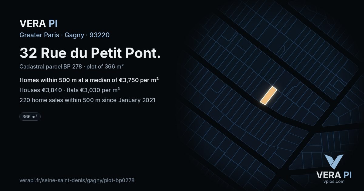 32 Rue du Petit Pont, Gagny at night – the plot lit, the parcels around coloured by the prices near them