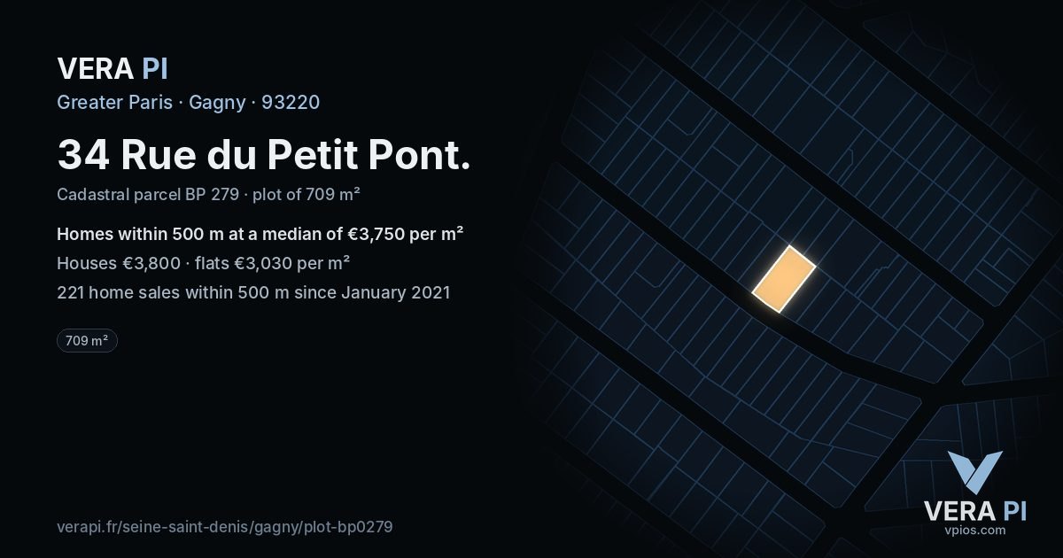 34 Rue du Petit Pont, Gagny at night – the plot lit, the parcels around coloured by the prices near them