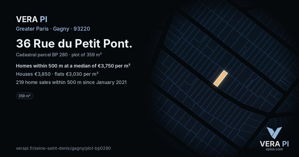 36 Rue du Petit Pont, Gagny at night – the plot lit, the parcels around coloured by the prices near them