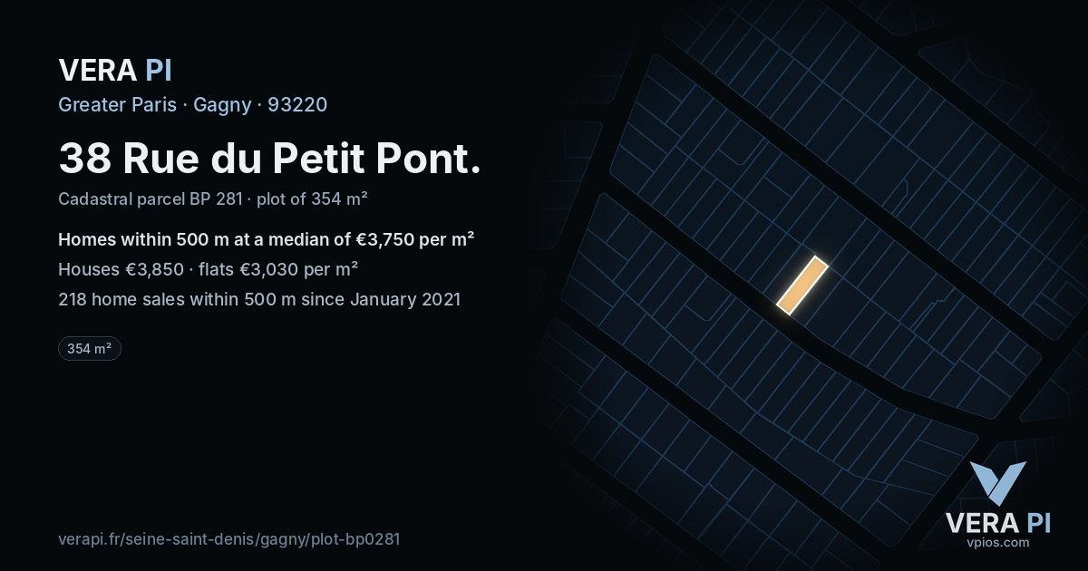 38 Rue du Petit Pont, Gagny at night – the plot lit, the parcels around coloured by the prices near them