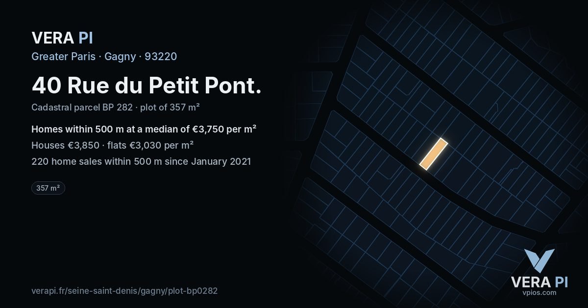 40 Rue du Petit Pont, Gagny at night – the plot lit, the parcels around coloured by the prices near them