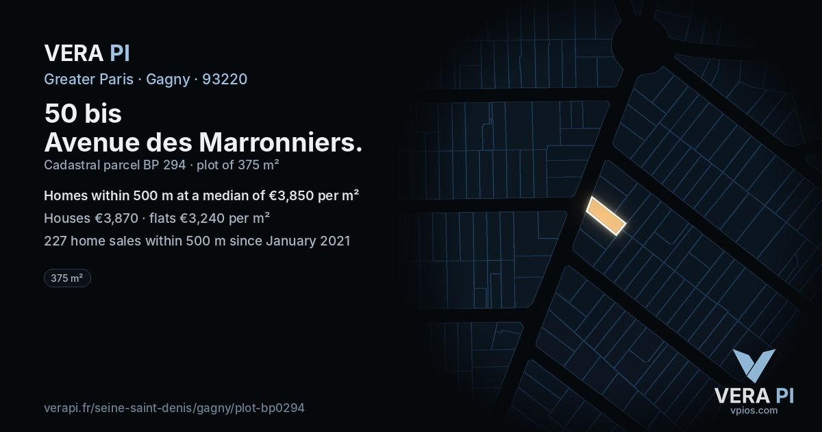 50 bis Avenue des Marronniers, Gagny at night – the plot lit, the parcels around coloured by the prices near them