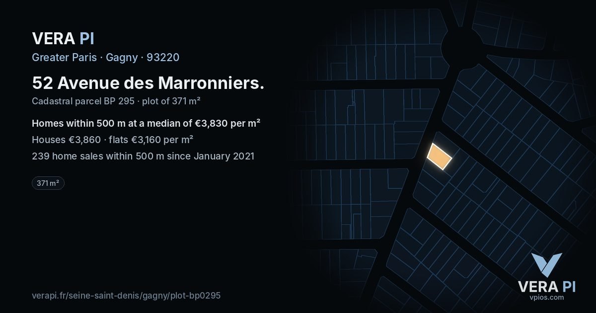 52 Avenue des Marronniers, Gagny at night – the plot lit, the parcels around coloured by the prices near them