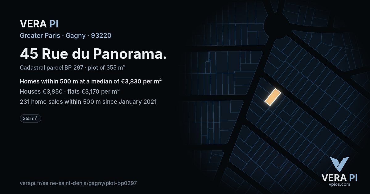 45 Rue du Panorama, Gagny at night – the plot lit, the parcels around coloured by the prices near them