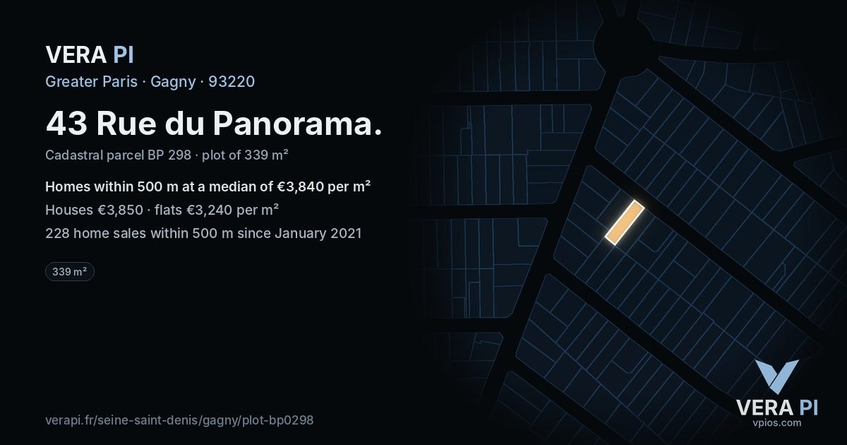 43 Rue du Panorama, Gagny at night – the plot lit, the parcels around coloured by the prices near them
