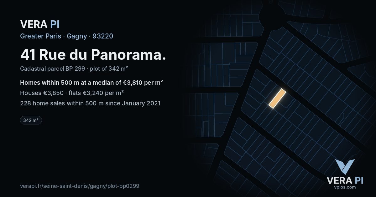 41 Rue du Panorama, Gagny at night – the plot lit, the parcels around coloured by the prices near them