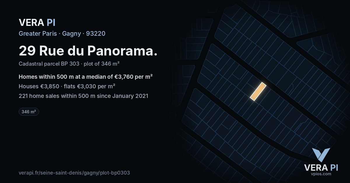 29 Rue du Panorama, Gagny at night – the plot lit, the parcels around coloured by the prices near them