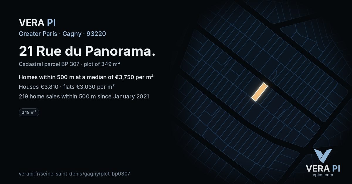 21 Rue du Panorama, Gagny at night – the plot lit, the parcels around coloured by the prices near them