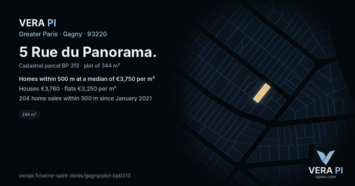 5 Rue du Panorama, Gagny at night – the plot lit, the parcels around coloured by the prices near them