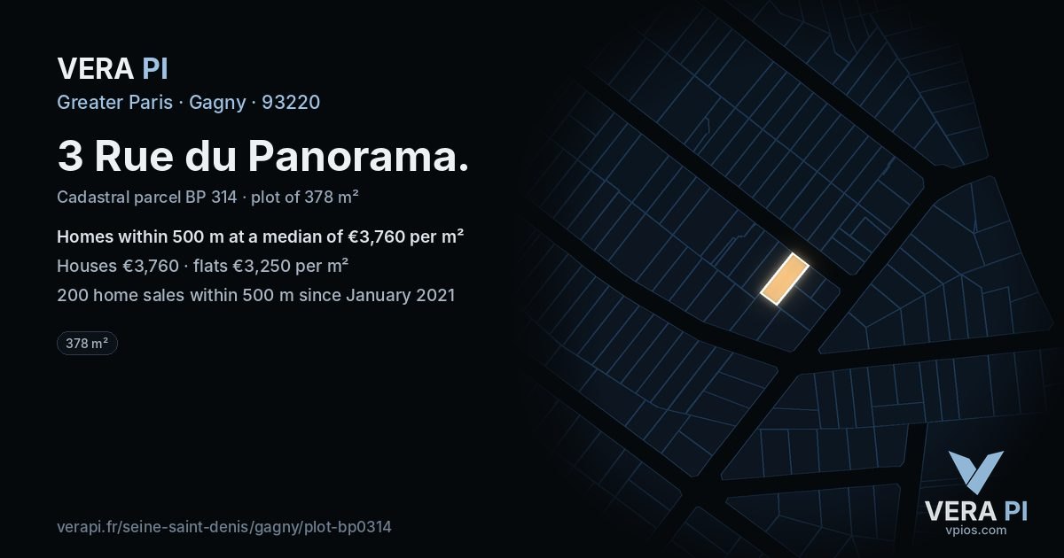 3 Rue du Panorama, Gagny at night – the plot lit, the parcels around coloured by the prices near them