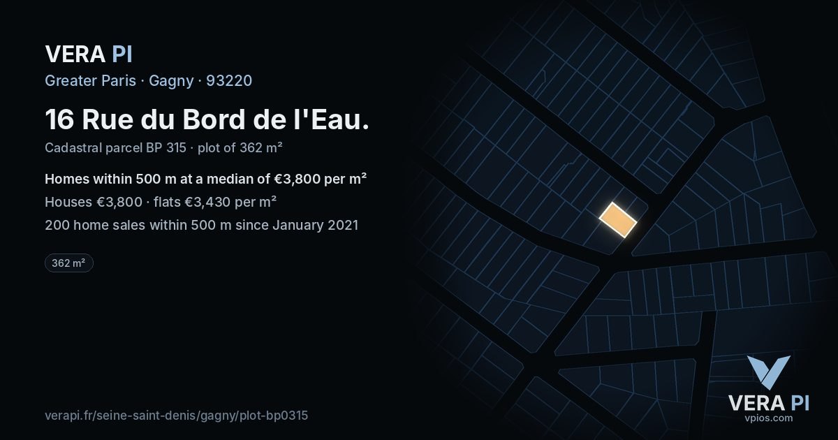 16 Rue du Bord de l'Eau, Gagny at night – the plot lit, the parcels around coloured by the prices near them