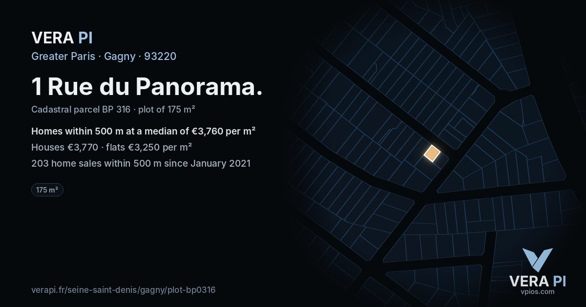 1 Rue du Panorama, Gagny at night – the plot lit, the parcels around coloured by the prices near them