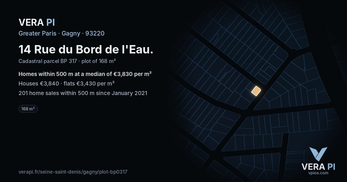 14 Rue du Bord de l'Eau, Gagny at night – the plot lit, the parcels around coloured by the prices near them